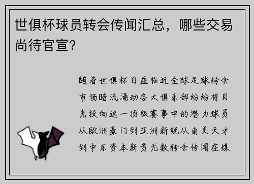 世俱杯球员转会传闻汇总，哪些交易尚待官宣？
