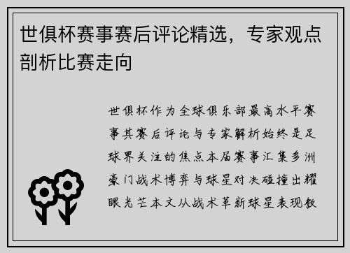 世俱杯赛事赛后评论精选，专家观点剖析比赛走向