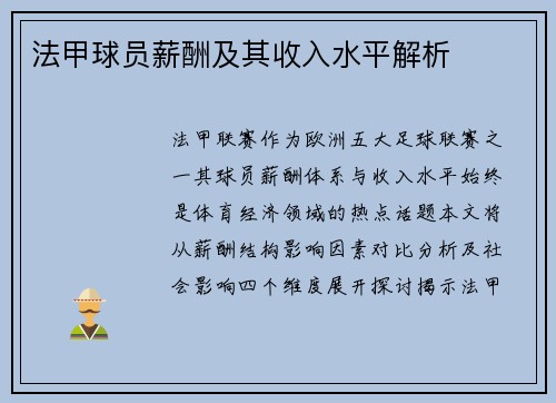 法甲球员薪酬及其收入水平解析