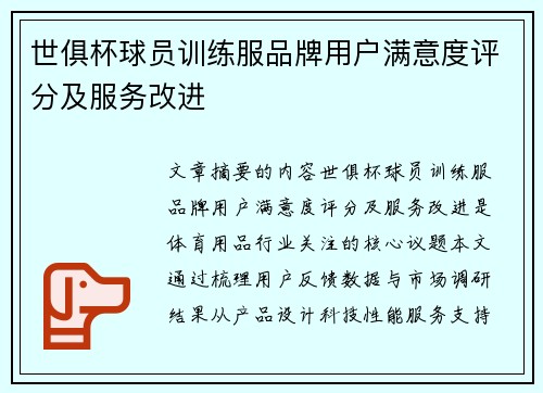 世俱杯球员训练服品牌用户满意度评分及服务改进